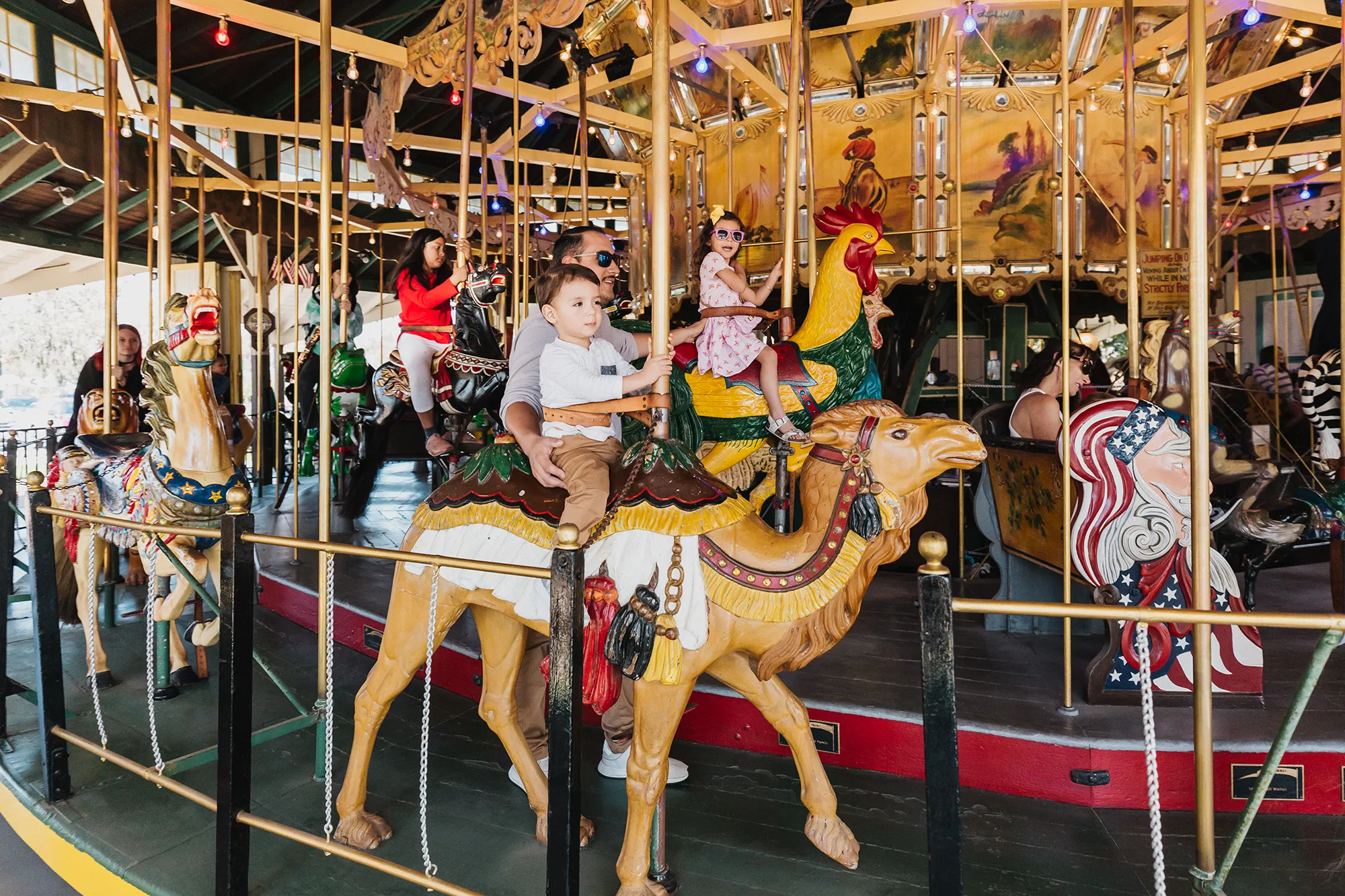 Adult and child riding on a camel on a carousel