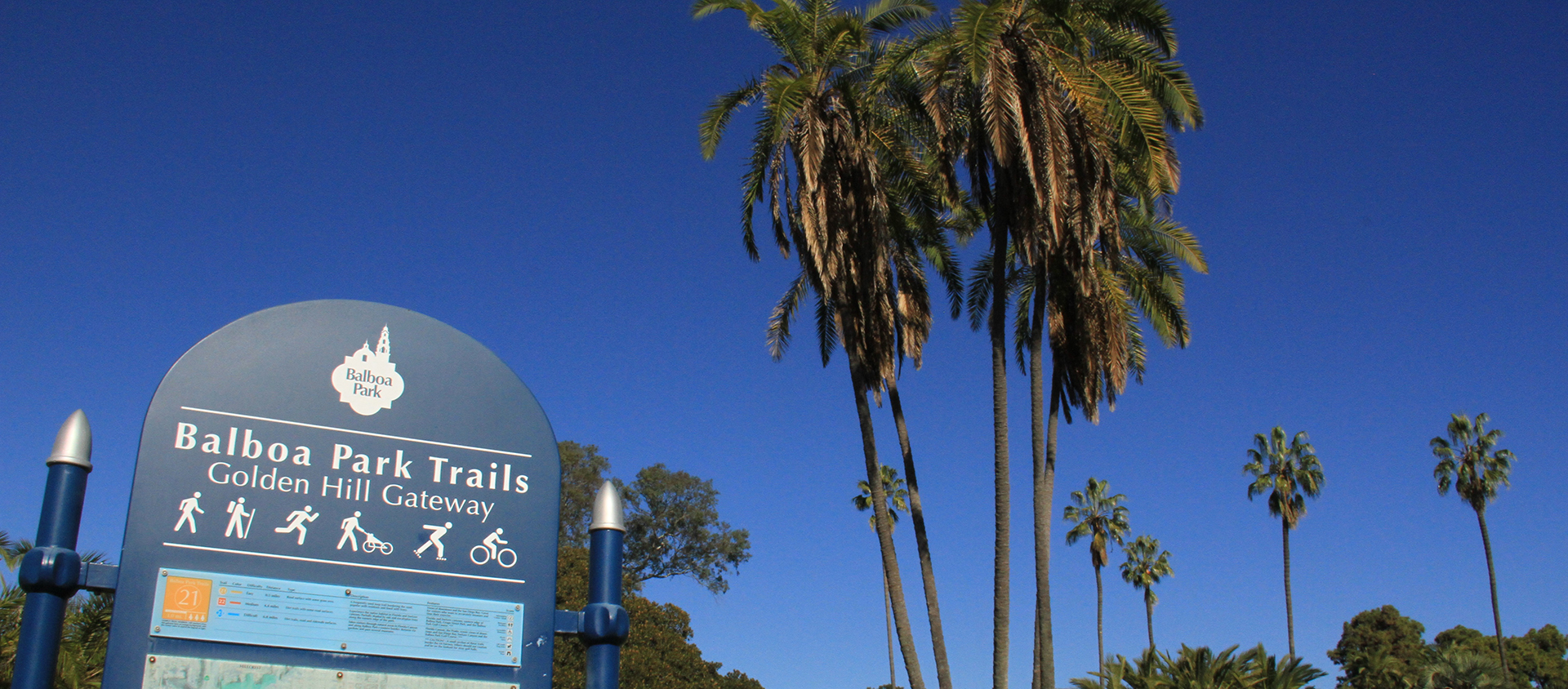 Balboa Park Trails sign for Golden Hill Gateway with a trail map and legend. Trees and blue sky are in the background.
