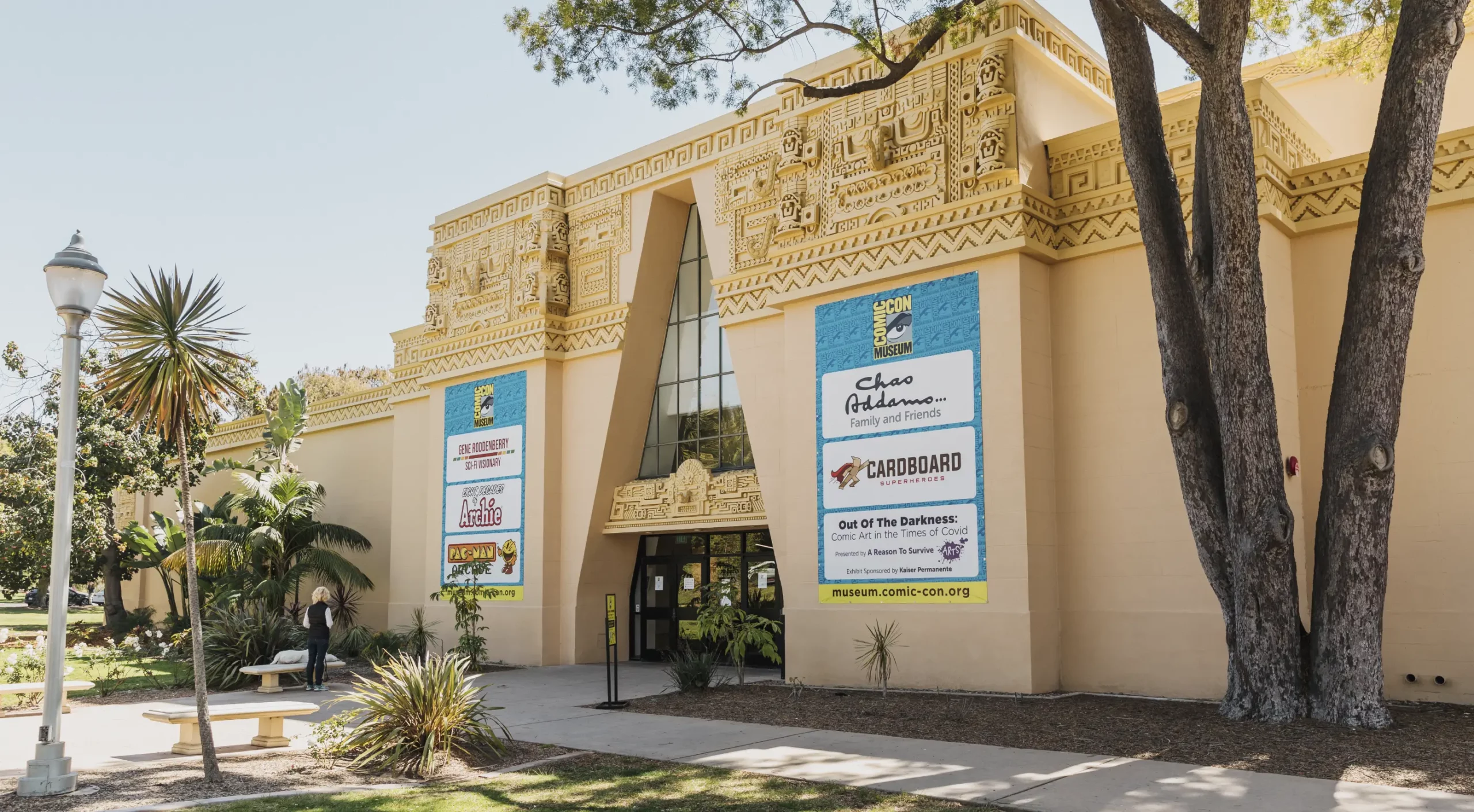 The front of the Comic-Con Museum building with archtectural detailings on the entrance that were influenced by the Palace of the Governor in Uxmal, Yucatan.