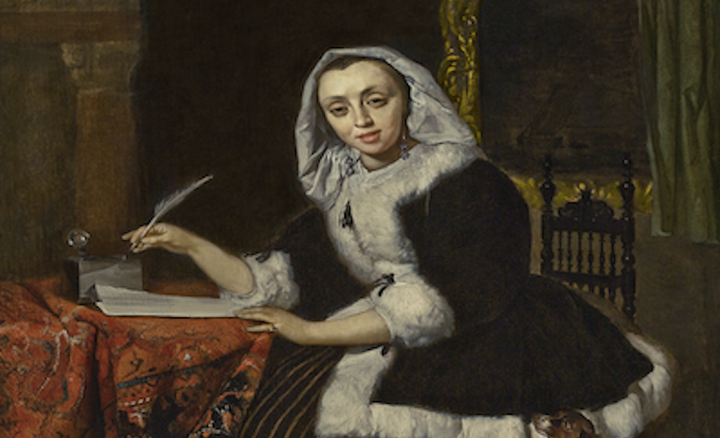 Painting of a women in a white headdress and black coat sitting at a table and writing a letter with a feather quill. There is a dog at her feet