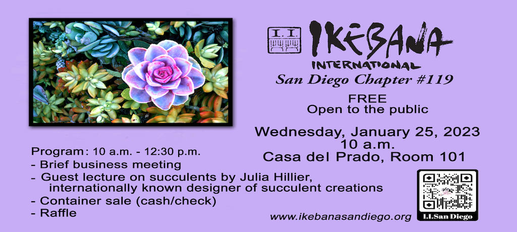 image of succulents on an purple background with Ikebana International and event information written on it