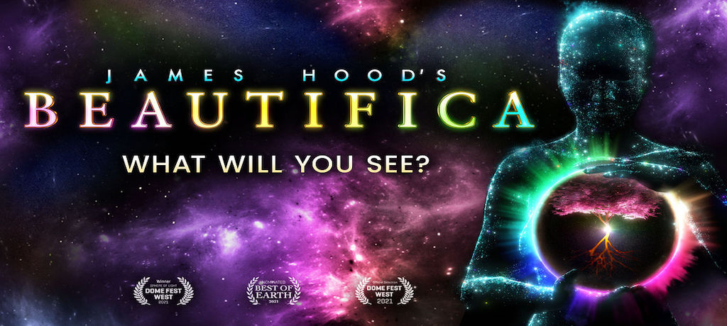 James Hood's Beautifica written in multi-color on a galaxy background with a person made of light holding a sphere