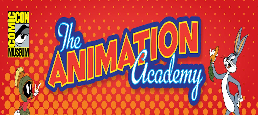 The animation academy written on a red background with cartoon characters on either side