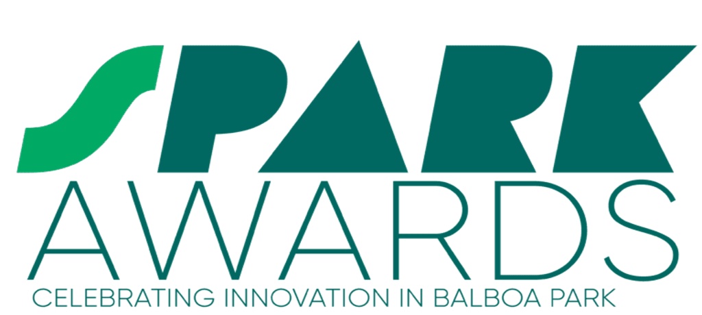 SPARK awards: celebrating innovation in Balboa Park written in green letters on a white background