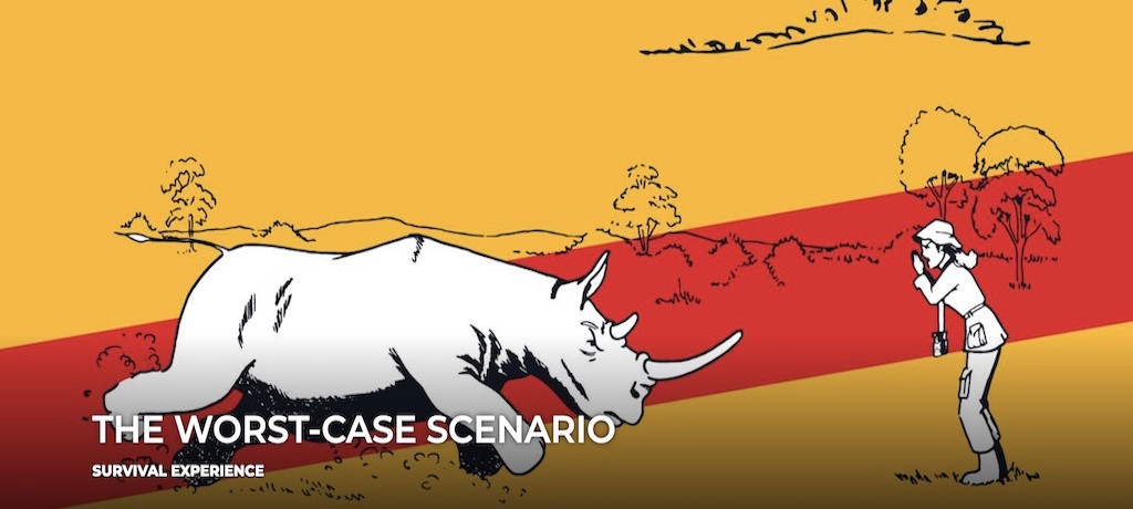 The Worst-Case Scenario:Survival Experience written in white with a picture of a rhino and a person shouting at it on a yellow background with a red stripe going across it