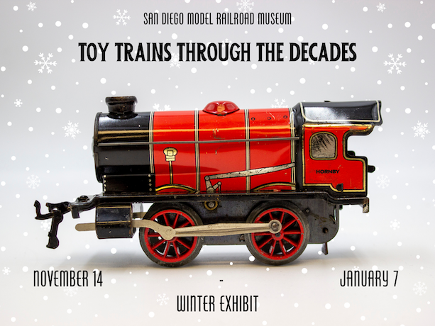 Red toy train with snow in the background and Toy trains through the decades written above it