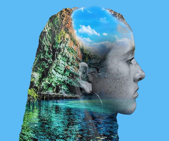 transparent image of a woman with a cave of water in the background