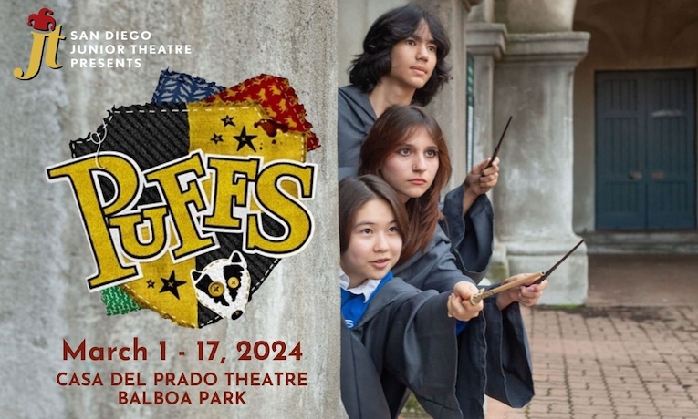 three kids standing around a corner holding wands with the Puffs logo on the left side