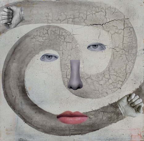 cut outs of eyes, nose and lips on a gray background with hands on the end of a swirling line
