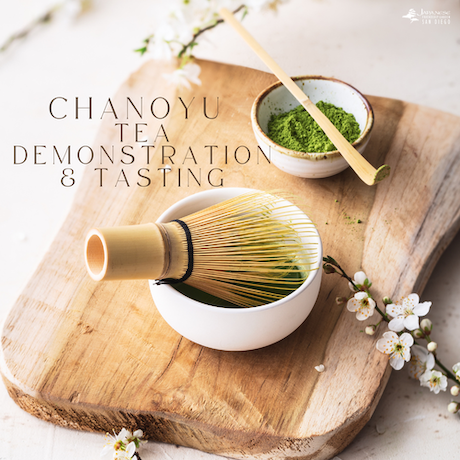 chanoyou tea demonstration and tasting written on a photo of a cutting board with ingredients for tea