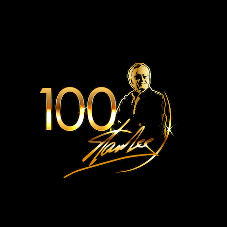 100 written in gold, next to an image of stan lee with his signature at the bottom