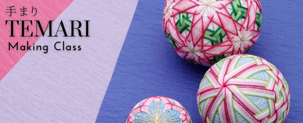 Temari Making Class on a pink and purple background with temari balls