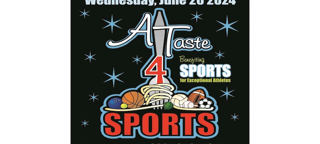 A taste 4 sports poster with an image with an of a fork in pasta and different sports equipment