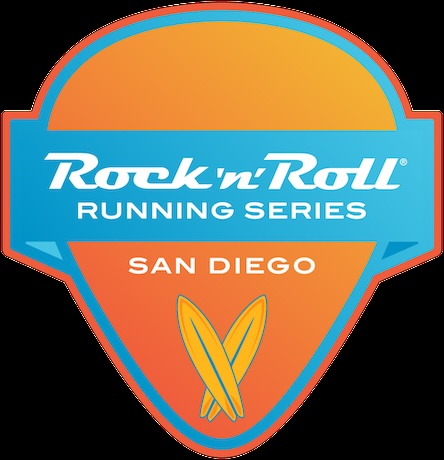 Rock n Roll Running series on an blue banner across an orange guitar pick with San Diego written below and two surf boards on it