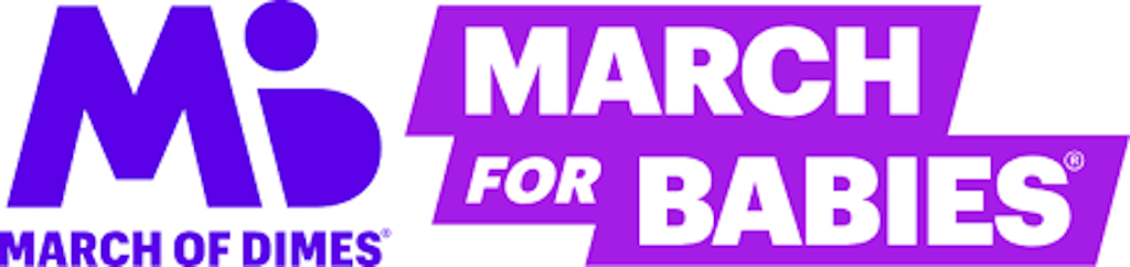 March for babies written on a purple background. MB is on the left side above March of Dimes