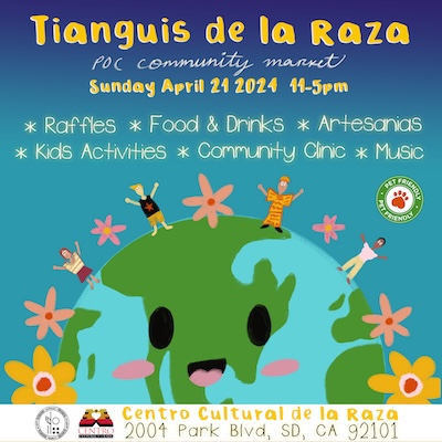 Tianguis de la Raza poster with a photo of earth with people on it and flowers