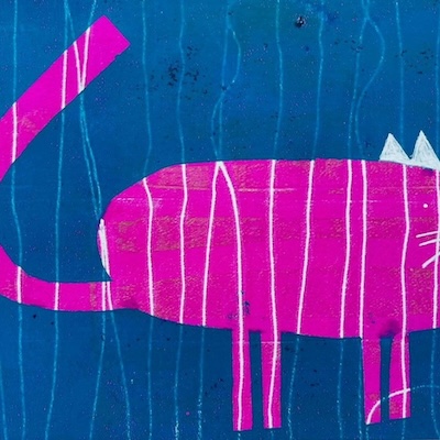 Painting of a pink cat on a blue background