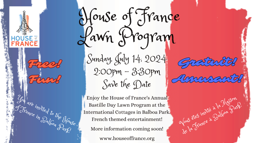 House of France Lawn program written with a background of the french flag