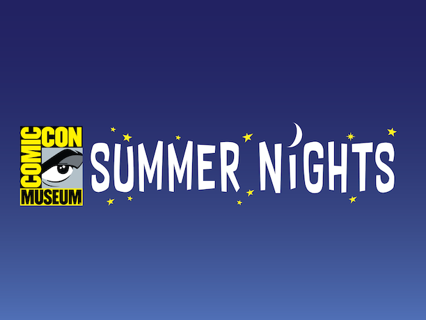 Comic-Con logo. Summer Nights written on a blue background