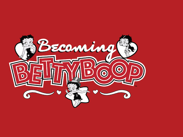 Becoming Betty Boop red poster with three images of Betty Boop