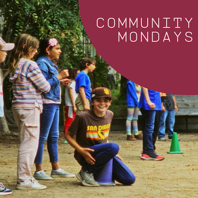 group of children outside. Community monday logo is in the top right corner on a purple background