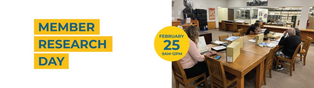 Member Research Day February 25 9am-12pm with people sitting at a table researching