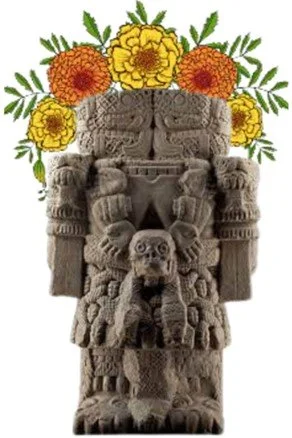 Coatlicue figure with orange and yellow flowers surrounding it