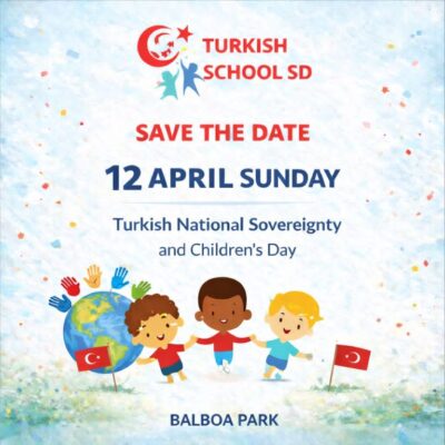 Turkish School SD with a cartoon image of three children holding hands in front of a globe and the Turkish flag