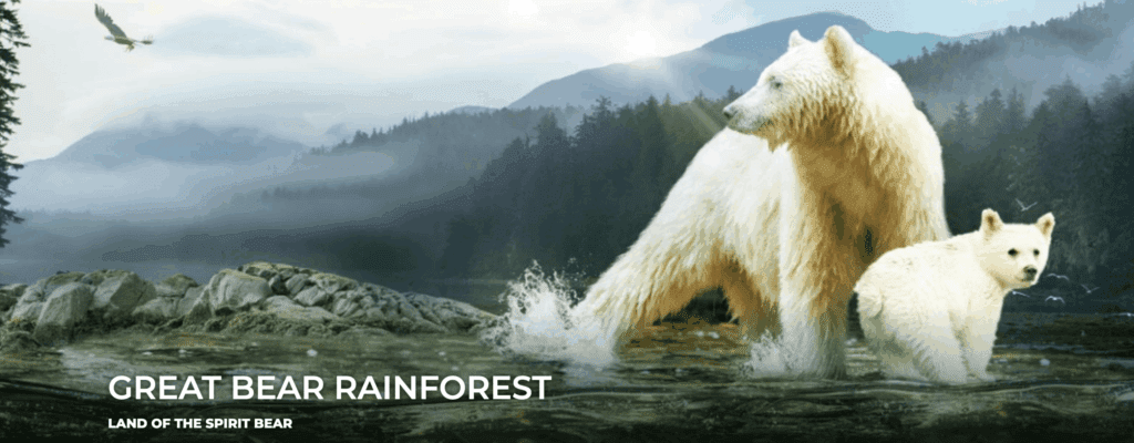 Great Bear Rainforest with two white polar bears